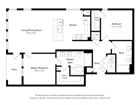 Floor plan for 2 beds, 2 baths, 1224 sqft